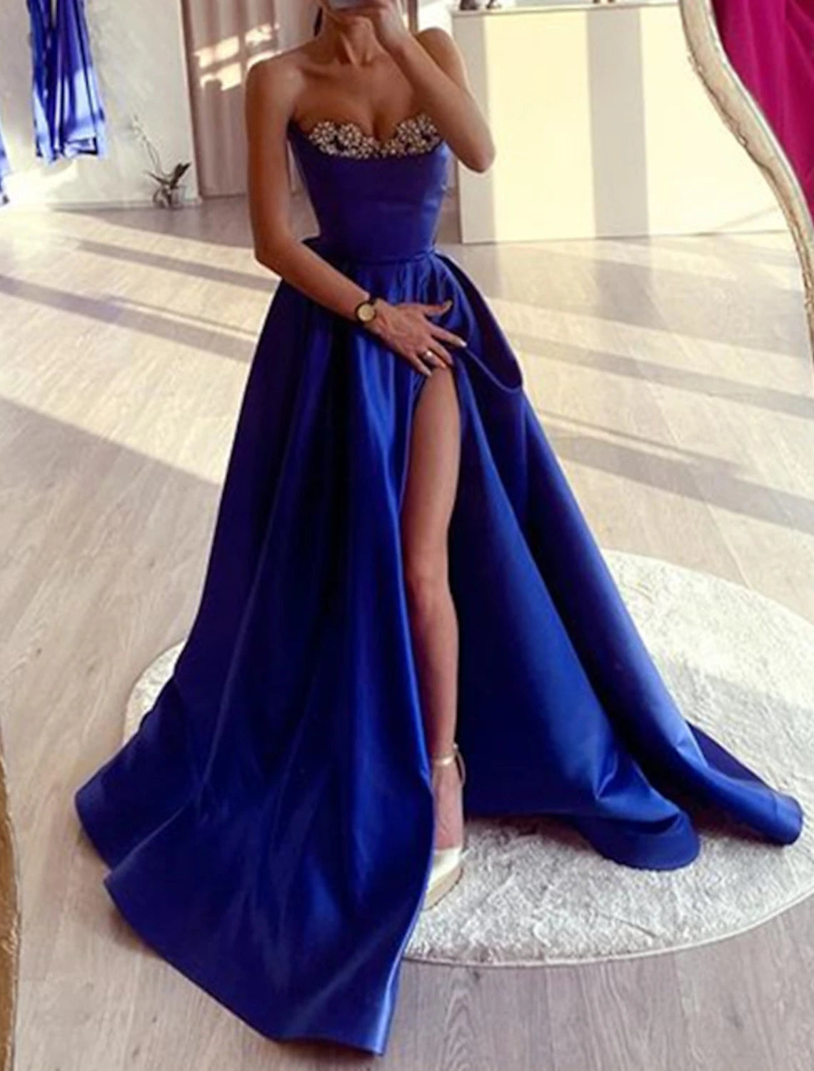 A-Line Evening Gown High Split Dress Wedding Prom Court Train Sleeveless Strapless Satin with Rhinestone Slit 2025